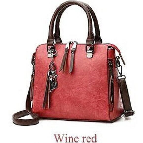 American Vintage Handbags - Red Wine plaid fur ball pendant large capacity handbag